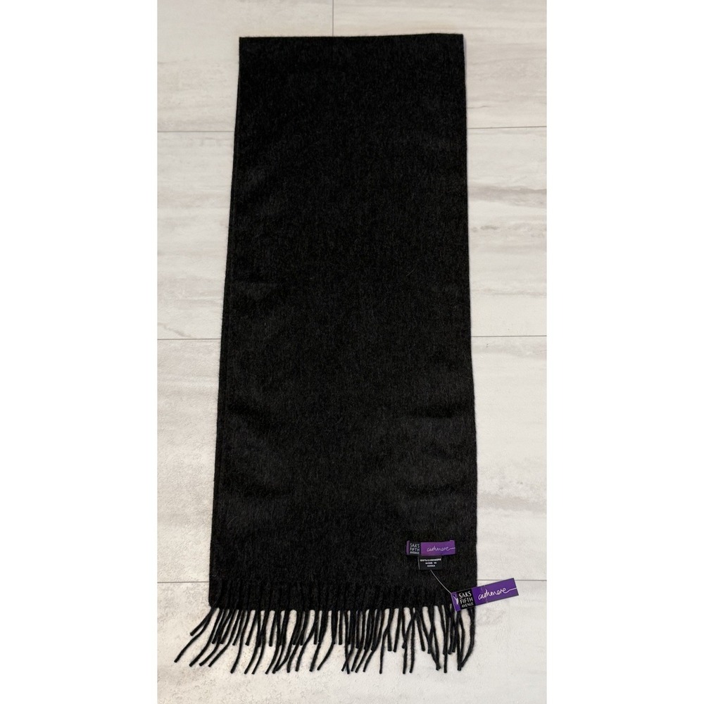 Sak's Cashmere Scarf Dark Gray 12.5" X 60" 2 " Fring NWT